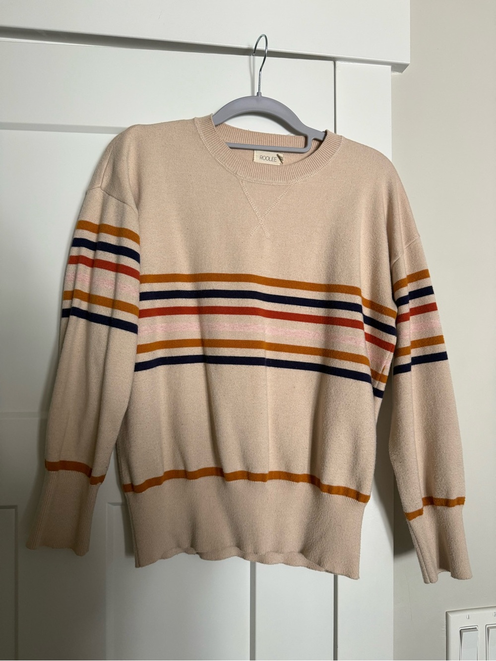 Roolee Cream Crewneck Sweater with Multicolor Stripes